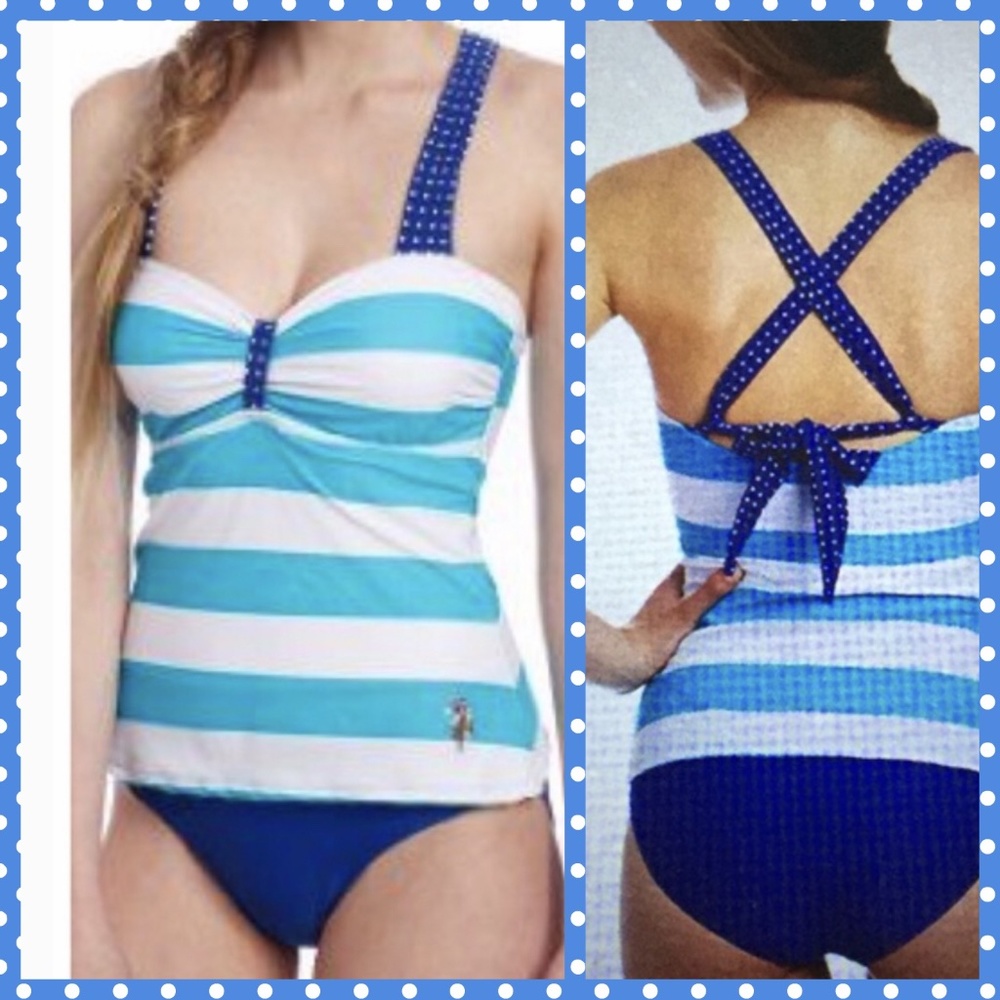NWT U.S. Polo nautical 1pc turquoise cobalt blue Swimsuit striped polka dot M